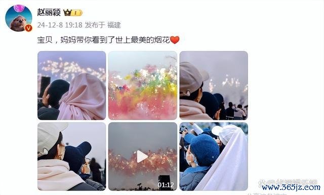 赵丽颖带犬子看烟花 子母侧脸超像